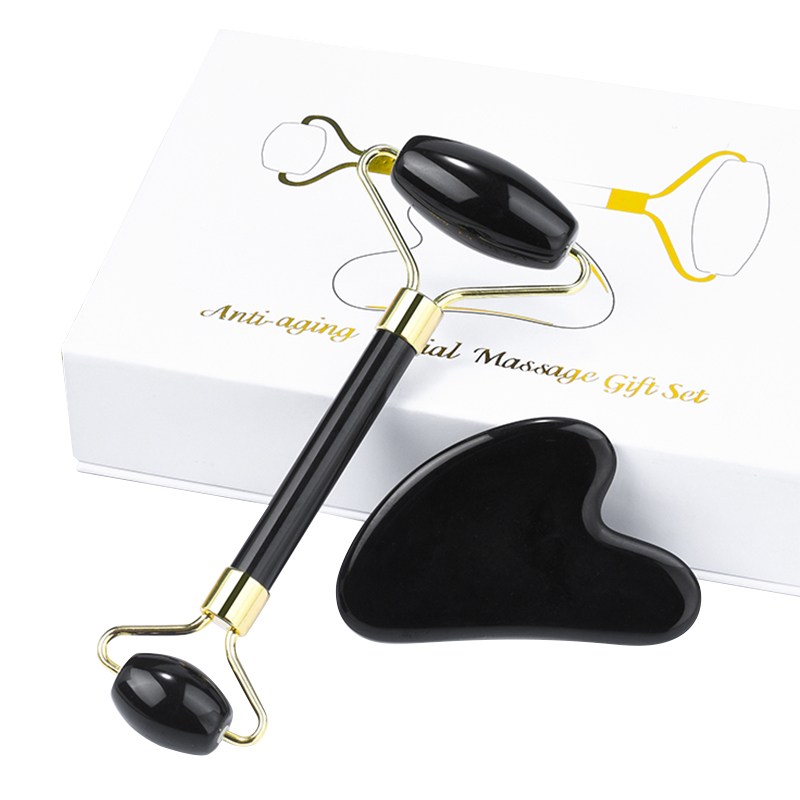 Black Obsidian Face Roller und Gua Sha Set natürliche schwarze Jade Roller und Gua Sha Massage gerät Großhandel Jade Roller Guasha