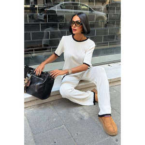 Ensemble deux pièces tricoté Dex : T-shirt et pantalon pour femme, décontracté, respirant, toutes saisons, ECRU - Product Image 6