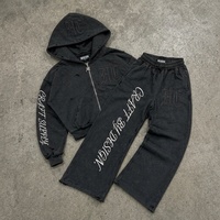 Ensemble streetwear OEM personnalisé : Hoodie court zippé coupe boxy et pantalon large 500 GSM, délavé à l'acide, effet vieilli, appliqué, sérigraphié, épaules tombantes
