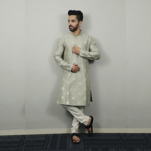 <b>Men's</b> Cotton <b>Kurta</b> with White Floral Print Knee-Length Traditional Indian Party Wedding Wear Regular Fit Light Green Color - Product Image 1