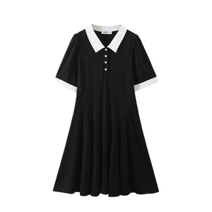 Robe trapèze grande taille Runqi N8426 avec col Peter Pan, color block, décontractée, noire, pour femme - Product Image 1