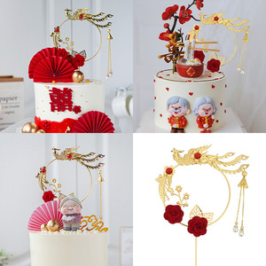 Chinese Style Metal Cake Topper Phoenix Design Red Roses Wedding Decoration Circle Shape Handmade - Product Image 5