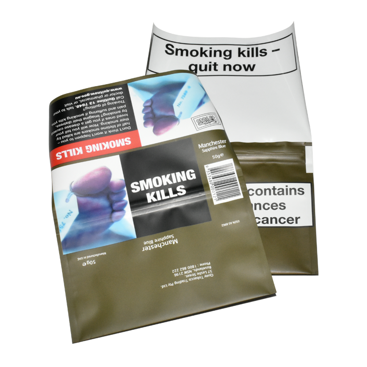 Изготовленный на заказ Печатный Ziplock Manchester Sapphire blue Tobacco 25 г 50 г Mylar Пластиковые Упаковочные пакеты с черным защитным серийным номером