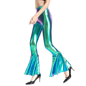Pantaloni da discoteca Hippie da <span class=keywords><strong>donna</strong></span> S-XXL retrò anni '70 svasati lucidi Laser metallizzato con volant pantaloni larghi elastici in vita - Product Image 5