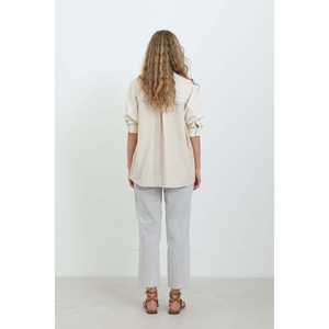 Chemise en lin à manches longues pour femme, beige foncé, décontractée, respirante, chemisier de tous les jours, style simple - Product Image 1