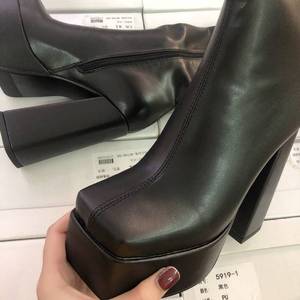 Bottes pour femme à bout carré, avec fermeture éclair latérale, hauteur cheville, plateforme épaisse de luxe - Product Image 6