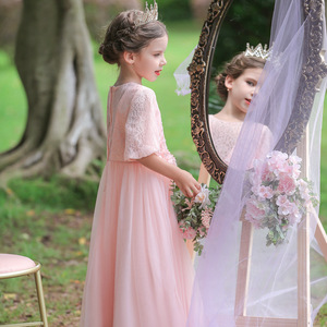 Robe de demoiselle d'honneur en tulle rose, coupe trapèze, décolleté cœur, robe de princesse pour filles - Product Image 4