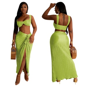 Summer Hot Sale 2023 Pleated Fabric <strong>Outfits</strong> <strong>Women</strong> <strong>Sexy</strong> Two Piece Stacked Slit Skirt Set Ladies Vacation Beachwear - Product Image 3