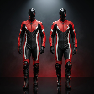 Combinaison de course moto en cuir pour homme, rouge, blanc et noir, une pièce, intégrale - Product Image 1