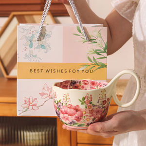 Tazza in ceramica Vintage in broccato floreale con manico a cucchiaio 10 once ciotola di farina d'avena per la colazione a casa lavabile in lavastoviglie per il tè del pomeriggio - Product Image 5