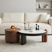 Table basse ronde moderne avec rangement, placage en bois de noyer, plateau en pierre frittée, meubles de salon