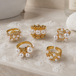 Anillo <span class=keywords><strong>de</strong></span> Perlas y Circonitas Vintage Francés para Mujer, Chapado en Oro <span class=keywords><strong>de</strong></span> 18k, Acero Inoxidable, Minimalista, Geométrico, en Capas - Product Image 3