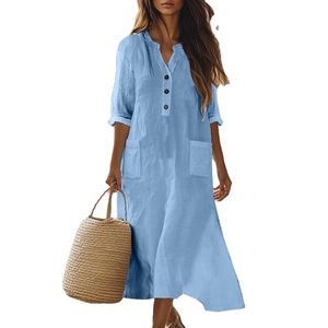 Robe midi d'été premium pour <span class=keywords><strong>femme</strong></span>, coupe ample, demi-manches, avec poches, col Henley, style décontracté, pour grandes tailles - Product Image 5