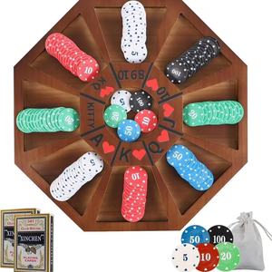 Octagonal Wooden Poker Chip Tray With Card Game Design For Home <b>Entertainment</b> Set - Product Image 3