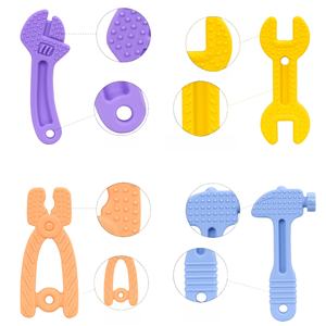 Household hammer wrench shape teething toy set bisphenol a free food grade silicone baby chewing toy four-piece set - Product Image 3