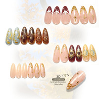 Lot de 24 faux ongles autocollants faits main, style vintage œil-de-chat, dorés, pour l'automne et l'hiver, avec motifs soleil, lune et étoiles