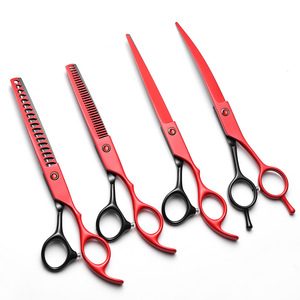 Pet Grooming Scissors Set 7 Inch Red And Black Flat Shears Fine Cutting Tipping Shears Dog Grooming Tools - Product Image 1