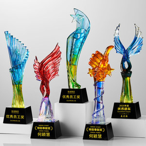 Trophée en cristal Manbo, design colonne torsionnelle, bleu uni, pour cérémonies de remise de prix, récompenses pour employés - Product Image 1