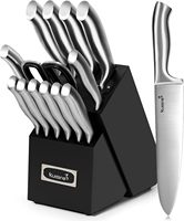 Ensemble de couteaux de cuisine Kuisine Black 15 pièces avec aiguiseur intégré, bloc à couteaux en acier inoxydable, couteau de chef ultra-affûté, couverts de cuisine