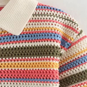 Cardigan Corto da <span class=keywords><strong>Donna</strong></span> alla Moda a Righe Lavorato all'Uncinetto con Colletto <span class=keywords><strong>Polo</strong></span> e Bottoni Manica Corta - Product Image 5