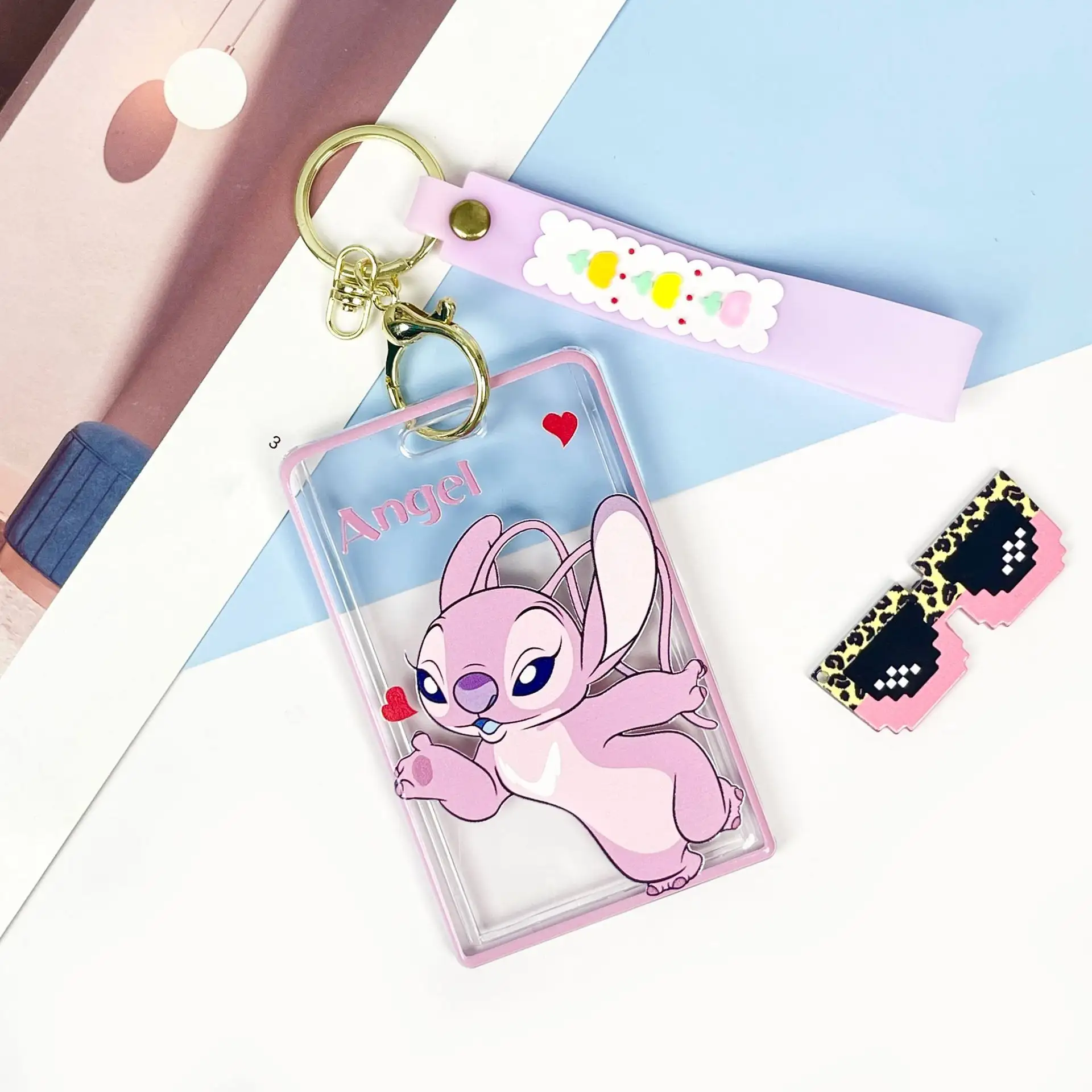 Tempat kartu id plastik Stitch gantungan kunci lanyard tempat kartu id akrilik