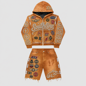 OEM Men 100% Cotton Acid Wash Sweat Suit, Luxury Y2K Yellow Tracksuit, Custom Plus Size Distressed 2 Piece Denim <strong>Trouser</strong> Set - Product Image 1