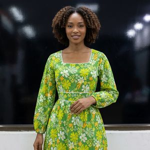 Floral Print Cotton Midi <b>Dress</b> Square Neck Lantern Sleeve A-Line Casual <b>Dress</b> Spring Green Patterned Layered Hem - Product Image 1