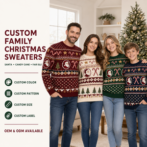Pulls de Noël Jacquard Fair Isle en tricot personnalisés OEM ODM, motif canne à sucre du Père Noël, pour hommes, femmes, adolescents et enfants - Product Image 3