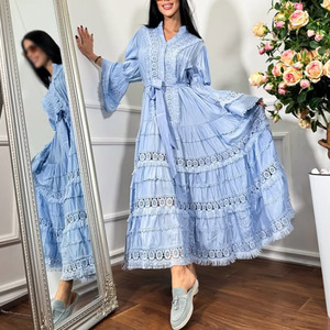 Y0511 Abito Lungo Stile Retrò Francese per Donne, Moda Estiva Casual con Allacciatura in Vita, Design Ricamato, Maniche a Campana, Tinta Unita - Product Image 1