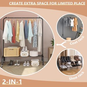 Modern Metal Clothing Rack with Wheels 43.3 Inches 5-<strong>Shelf</strong> 5 <strong>Hooks</strong> Living Room <strong>Coat</strong> Rack-Black Portable Clothing Display Stand - Product Image 5