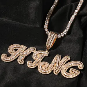 Hip Hop New Arrival Baguette custom name letter necklace Gold Crystal Zircon letter iced out Pendant Necklace