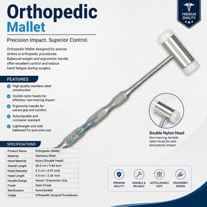 Maillet chirurgical 190 mm, têtes en nylon 25 mm, maillet orthopédique dentaire pour os, instrument manuel certifié CE Classe I - Product Image 6