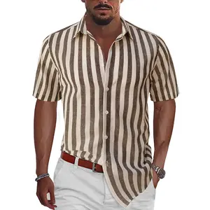 2023 Summer Wholesale Custom Solid Color Stripe Button Up Shirt Men's Fashion Casual Short Sleeve Turn-Down Collar Shirt