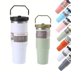 Tasses à double paroi de haute qualité 20oz 30oz en acier inoxydable, gobelet à café portable pour voiture avec couvercles, poignée et paille - Product Image 2