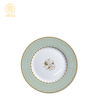 Service de table en céramique bleu turquoise avec motifs floraux dorés, vaisselle en porcelaine fine pour événements et traiteurs