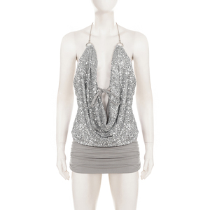 Vestido europeo sexy con cuello halter, espalda descubierta, cadena metálica, diseño hueco, con cordones, lentejuelas, estilo picante para banquete, mini vestido ajustado a la cadera. - Product Image 6