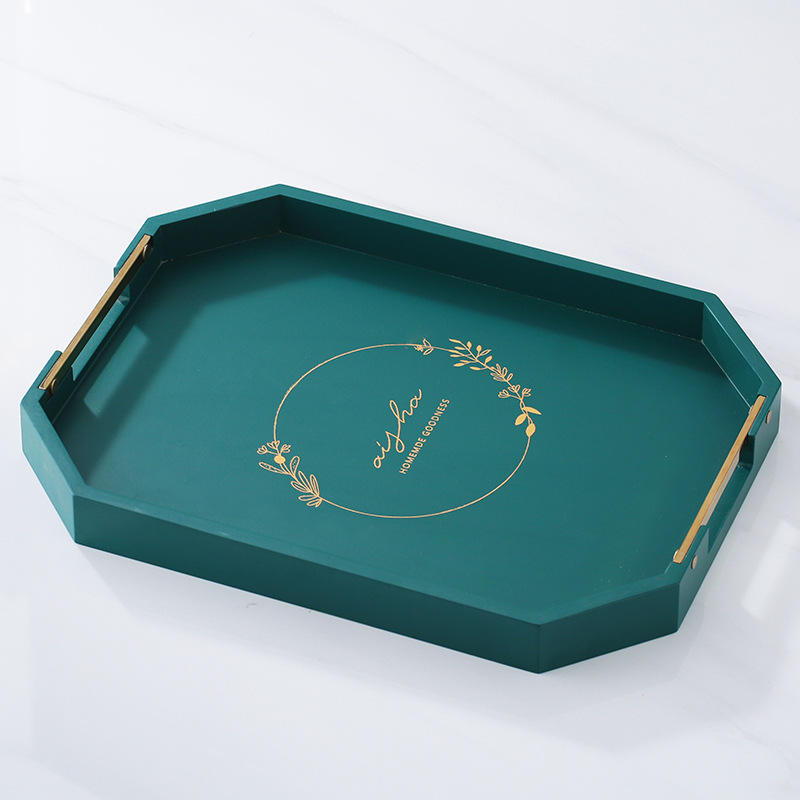 ถาดสีเขียวทรงแปดเหลี่ยมลายดอกไม้