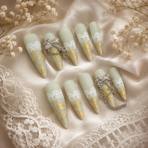 Faux ongles longs à presser en dentelle et feuille d'or, couvrance totale, style français, amovibles, pour usage professionnel en salon - Product Image 6