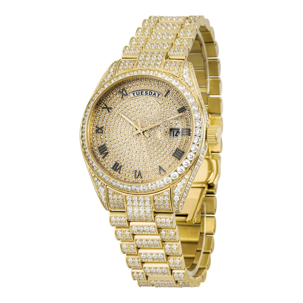 18K Gold Watch Luxury Business Men Watch CNC CZ Diamonds Iced Out Watches