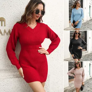 Factory wholesale fashion ladies V-neck long-sleeved waist high-waist sweater dress women's acrylic knitted dresses autumn