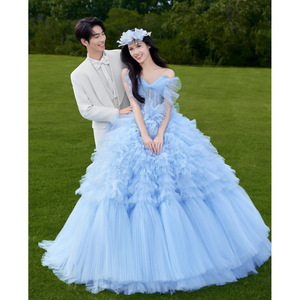 Blue Strapless Ball Gown Wedding Dress Empire Waist Floral Print Forest Theme Long Train Gown - Product Image 1