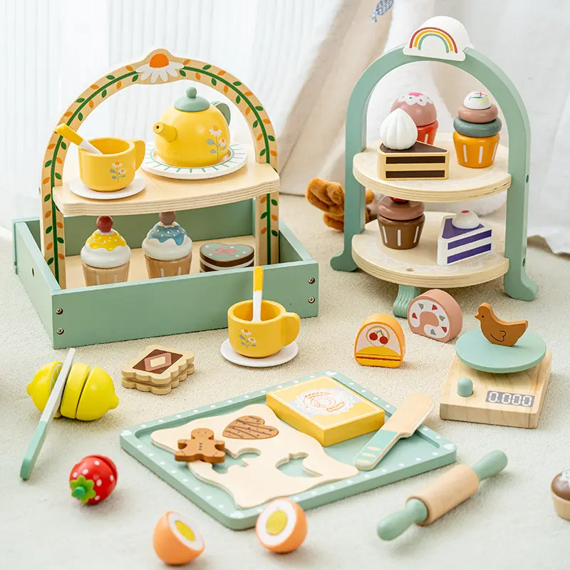 CPC CE 2023 funny Kids Wood Pretend Play Kitchen coffee toaster tea set mini play set toys for kids