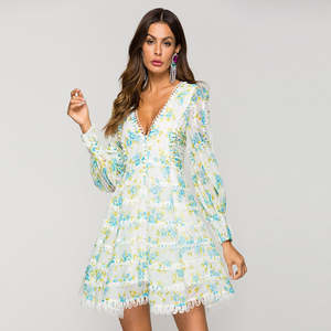 Nuevo Vestido Sexy con Cuello en V para Mujer, Estampado Floral, Manga Farol, Vestido Verde Dulce - Product Image 1