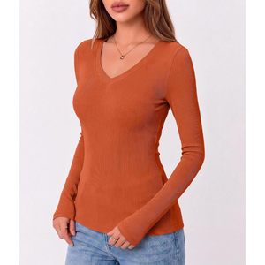 FOXA Haut en tricot côtelé à manches longues et col en V pour femme, coupe ajustée, décontracté, pour l'automne - Product Image 5