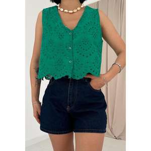 Chemisier vert sans manches brodé pour femme, style bohème, en organza transparent, pour tous les jours - Product Image 2