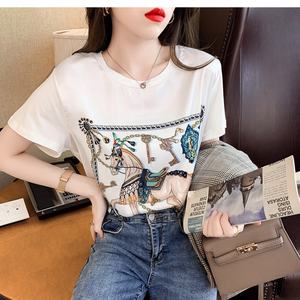 Camiseta de Verano para Mujer, Informal, con Estampado de Patchwork, Logotipo de Satén, Tops de Moda, Camisetas de Poliéster/Rayón, Corte Regular, Manga Corta - Product Image 6