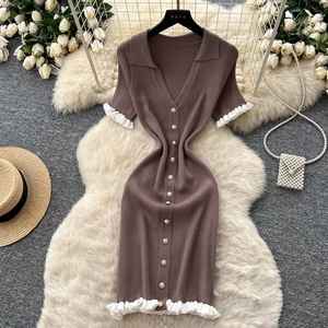 Nouvelle robe d'été pour femmes, col rabattu, manches courtes, boutons décoratifs, robe en tricot - Product Image 4