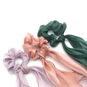 Solid Colors Soft Satin Ribbon Bow Hair Scarf Scrunchies Headwrap For Women Girls