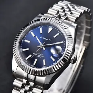 Nouvelle montre mécanique automatique pour homme Parnis 39,5 mm avec cadran bleu, bracelet en acier inoxydable, calendrier complet, saphir - Product Image 2