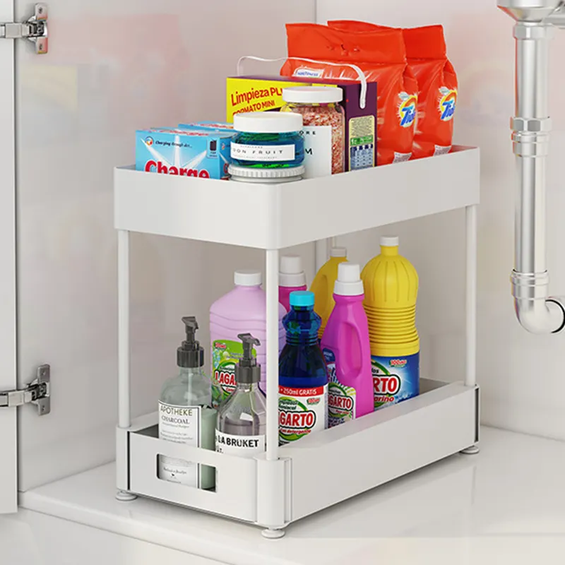 Home and Kitchen 2 Tier Pull Out Organizers Bathroom Collection Baskets Under Sink Storage Shelf Organizer Rack with Hooks